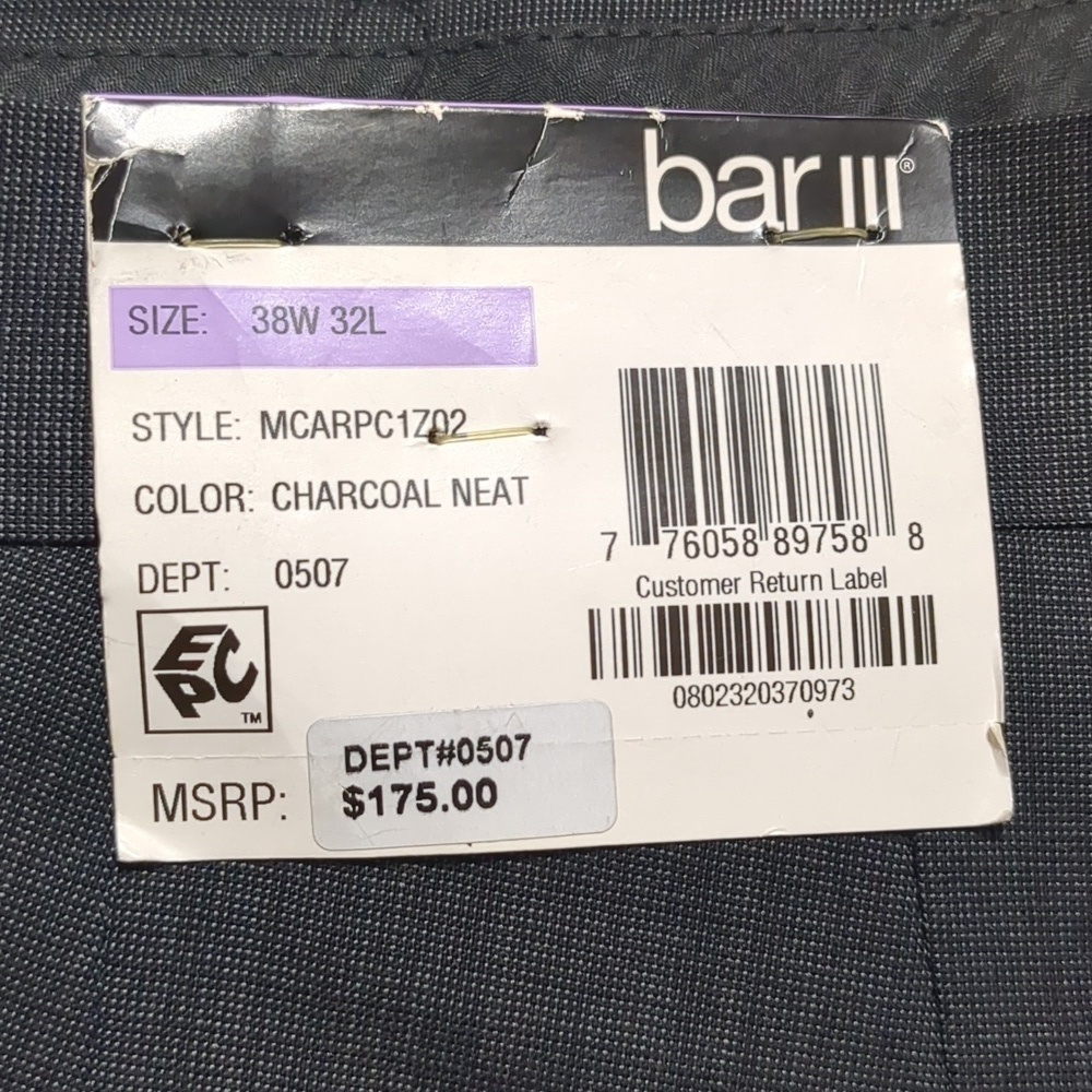 Bar III Slim Fit  Charcoal Wool Dress Pants NWT 38W 32L - Picture 9 of 15